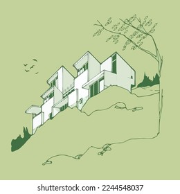 Architecture of modern house.  architecture drawing Building exterior of contemporary villa. Private real estate. Colored flat graphic vector illustration isometric building on  background