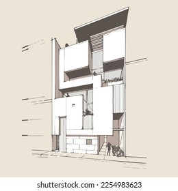 Architecture of modern house. architecture drawing Building exterior of contemporary villa. Private real estate. Colored flat graphic vector illustration isometric building on background
