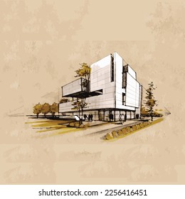 Architecture of modern house. architecture drawing Building exterior of contemporary villa. Private real estate. Colored flat graphic vector illustration isometric building on background