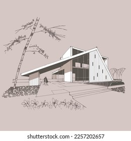 Architecture of modern house. architecture drawing Building exterior of contemporary villa. Private real estate. Colored flat graphic vector illustration isometric building on background