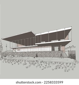 Architecture of modern house. architecture drawing Building exterior of contemporary villa. Private real estate. Colored flat graphic vector illustration isometric building on background