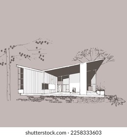 Architecture of modern house. architecture drawing Building exterior of contemporary villa. Private real estate. Colored flat graphic vector illustration isometric building on background