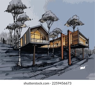 Architecture of modern house. architecture drawing Building exterior of contemporary villa. Private real estate. Colored flat graphic vector illustration isometric building on background

