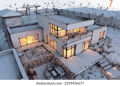 Architecture of modern house. architecture drawing Building exterior of contemporary villa. Private real estate. Colored flat graphic vector illustration isometric building on background

