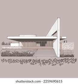 Architecture of modern house. architecture drawing Building exterior of contemporary villa. Private real estate. Colored flat graphic vector illustration isometric building on background
