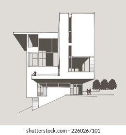Architecture of modern house. architecture drawing Building exterior of contemporary villa. Private real estate. Colored flat graphic vector illustration isometric building on background
