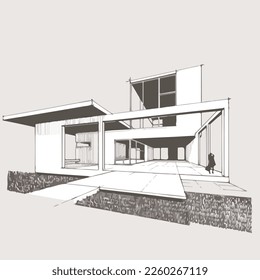 Architecture of modern house. architecture drawing Building exterior of contemporary villa. Private real estate. Colored flat graphic vector illustration isometric building on background
