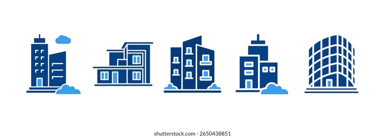 Arquitetura Moderna Icon Set Coleção de Múltiplos Estilos, Contendo arranha-céu de design, Casa Moderna, Apartamento Edifício, Residencial, Edifício de Vidro