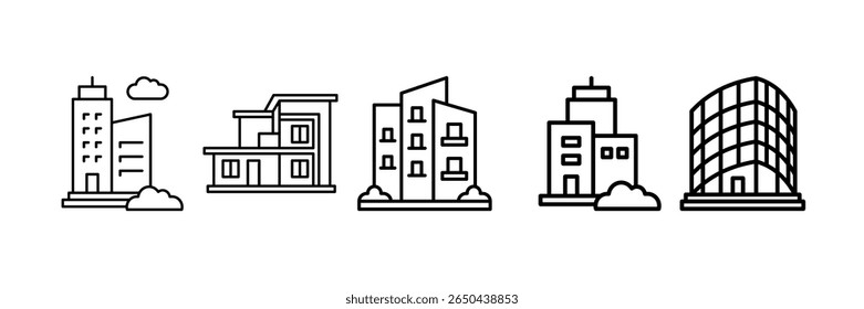 Architecture Modern Icon Set Multiple Style Collection, Containing design Skyscraper, Modern House, Apartment Building, Residential,  Glass Building