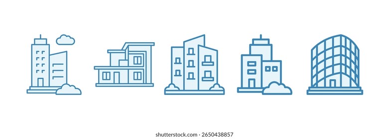 Architecture Modern Icon Set Multiple Style Collection, Containing design Skyscraper, Modern House, Apartment Building, Residential,  Glass Building