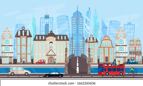 Architecture of modern metropolis, city buildings and traffic, vector illustration. Road along river or canal, city street with cars and tour bus. Old houses and new skyscrapers, downtown cityscape