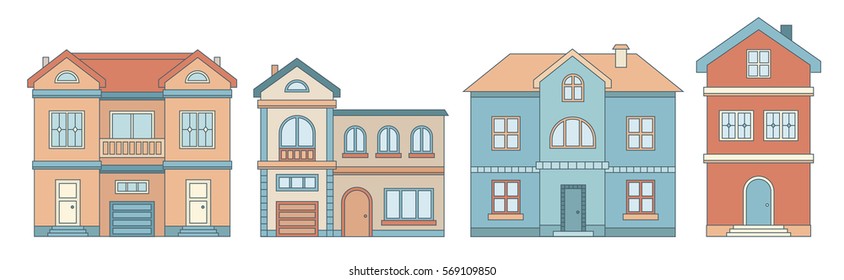 Architecture Modern Outline Color Harmony Style. Line Vector Design For Sale Concept. Elite Buildings - Houses, Cottages, Penthouse. Real Estate. Property Investment, Buy, Sell, Rent House, Apartment.