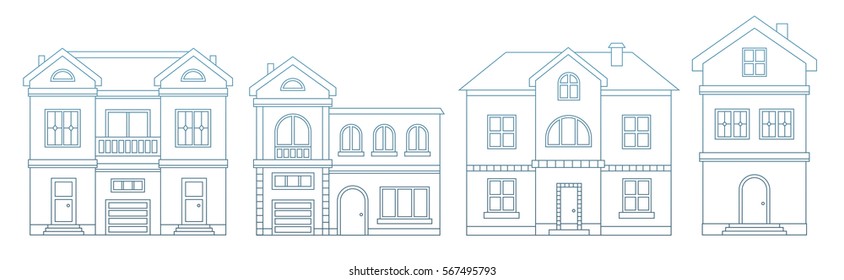 Architecture Modern Outline Style. Line Vector Design For Sale Concept. Elite Buildings - Houses, Cottages, Penthouse. Real Estate. Property Investment, Buy, Sell, Rent House, Apartment.