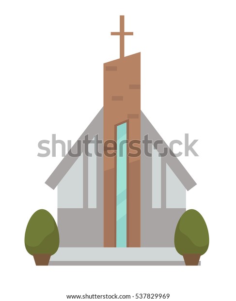 現代都市の礼拝堂の建築 キリスト教の教会の外観 十字架を持つ建物 フラットデザインのベクター画像アイコン コンセプトガラスの都市建設の漫画のイラスト のベクター画像素材 ロイヤリティフリー