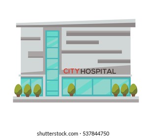 Architecture of modern urban hospital, ambulance or clinic. Exterior facade of medicine social object. Vector icon in flat design. Illustration of concept glass construction