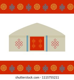 Architecture of Mongolia traditional dwellings, such as the yurt and the tent. covered with skins or felt, nomads in the steppes of Central Asia. Card banner template, red Mongolian ornament. Vector