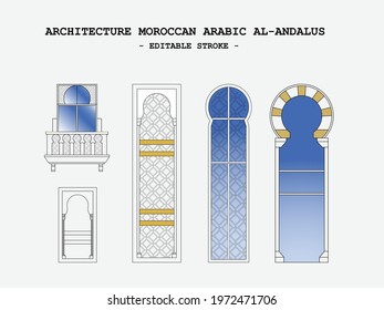 Architecture MOROCCAN ARABIC Al-Andalus, door windows, balcony Andalucia, Spain, editable stroke  
