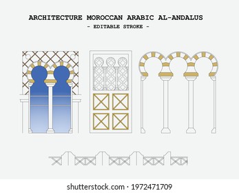 Architecture MOROCCAN ARABIC Al-Andalus, door windows, balcony Andalucia, Spain, editable stroke  
