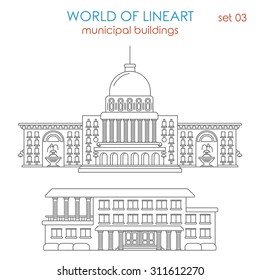 Architecture municipal government building graphical lineart hipster style set. World of line art collection.