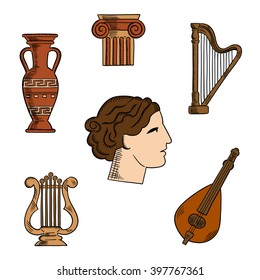 Architecture, music and art symbols of ancient Greece with profile of antique greek theater actress, surrounded by ionic columns with ornamental scrolls, amphora and lyre, harp and mandolin