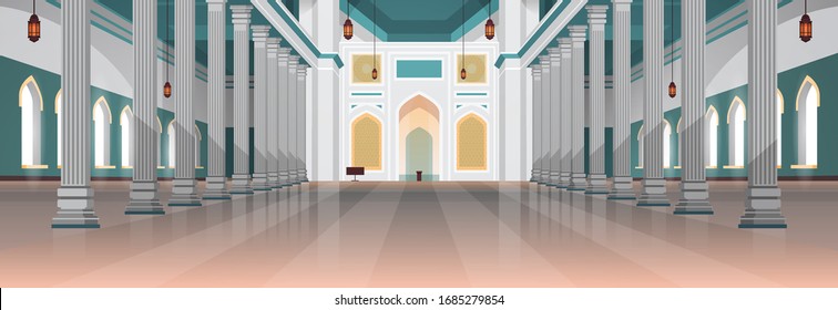 architecture of nabawi mosque building interior muslim religion concept horizontal flat vector illustration