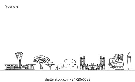 Architecture and nature of Yemen. Hand-drawn cityscape of an Asian country. Vector illustration on a white background.