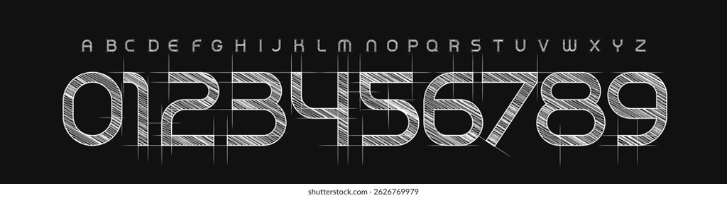 Número da arquitetura e fonte da letra, alfabeto do plano técnico de hachura para o título e tipo de logotipo. Projeto de tipografia esquemática. Tipo de vetor.