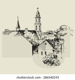 Architecture of old town, hand drawn sketch, vector illustration