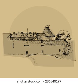 Architecture of old town, hand drawn sketch, vector illustration