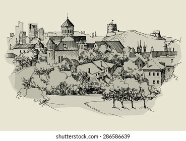 Architecture of old town, hand drawn sketch, vector illustration