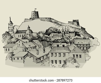 Architecture of old town, hand drawn sketch, vector illustration