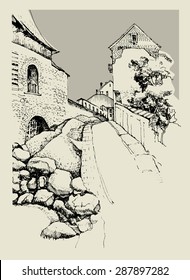 Architecture of old town, hand drawn sketch, vector illustration