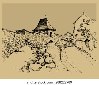 Architecture of old town, hand drawn sketch, vector illustration