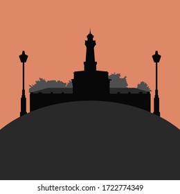 Architecture on the mountain. Evening. Lanterns. Vector stock graphics.