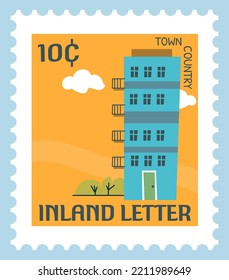 Architecture on postmark or postcard, inland correspondence. Sending mail in country. Building in town or city, apartment. Post mark or card, stamp for letter with price. Vector in flat style