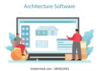 Servicio o plataforma en línea de arquitectura. Idea de construcción y construcción. Esquema de la casa, industria de ingeniería. Software de arquitectura. Ilustración vectorial plana aislada