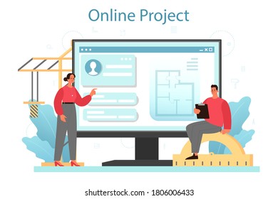 Servicio o plataforma en línea de arquitectura. Idea de construcción y construcción. Esquema de la casa, industria de ingeniería. Proyecto en línea. Ilustración vectorial plana aislada
