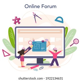 Architektur-Online-Service oder Plattform. Idee von Bauprojekten und Bauarbeiten. Baufirma. Online-Forum. Flache Vektorgrafik