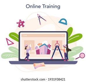 Architecture online service or platform. Idea of building project and construction work. Construction company business. Online training. Flat vector illustration