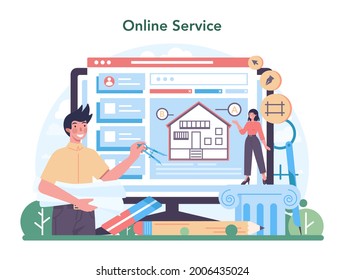 Architecture online service or platform. Idea of building project and construction work. Construction company industry. Flat vector illustration