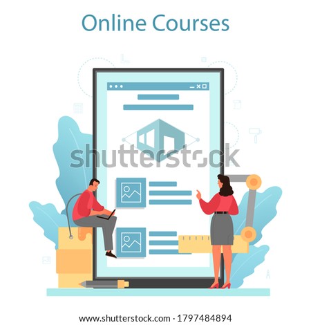 Architecture online service or platform. Idea of building project and construction work. Scheme of house, engineer industry. Online course. Isolated flat vector illustration