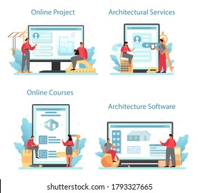 Architecture online service or platform set. Idea of building project and construction work. Online project, course, architecture software. Isolated flat vector illustration
