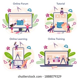 Architecture online service or platform set. Idea of building project and construction work. Construction company business. Online forum, tutorial, learning, training. Flat vector illustration