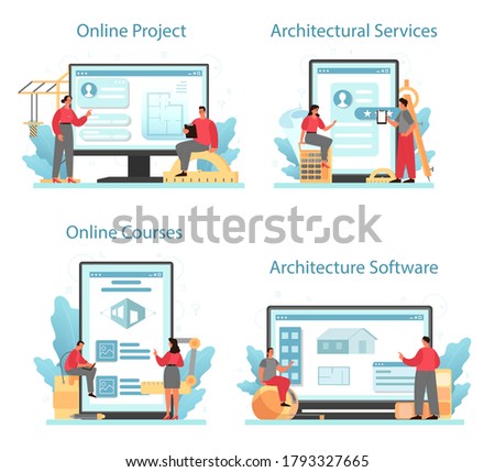 Architecture online service or platform set. Idea of building project and construction work. Online project, course, architecture software. Isolated flat vector illustration