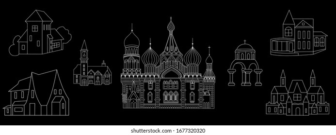 Architecture outline buildings set. Moscow, Russia Symbol. Vector icon for web and advertising isolated on black background. Element of culture and traditions.
