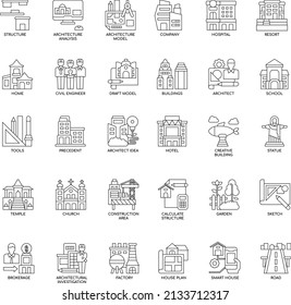 Architecture outline flat vector icon collection set