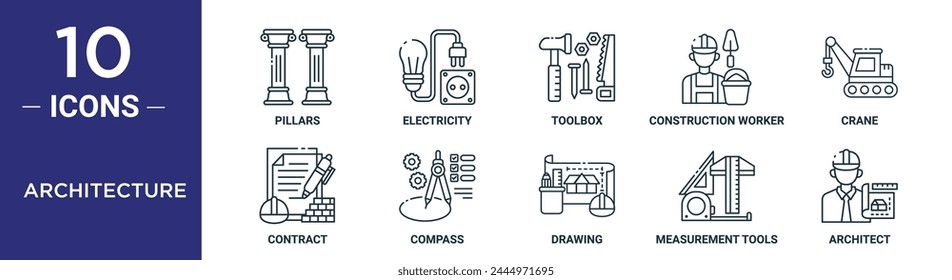 architecture outline icon set includes thin line pillars, electricity, toolbox, construction worker, crane, contract, compass icons for report, presentation, diagram, web design