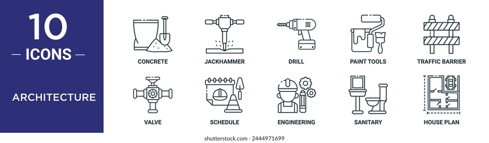 conjunto de iconos de esquema de arquitectura incluye hormigón de línea fina, martillo neumático, taladro, herramientas de pintura, barrera de tráfico, válvula, iconos de programación para informe, presentación, diagrama, Diseño web