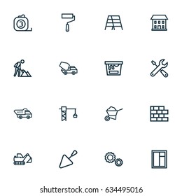 Architecture Outline Icons Set. Collection Of Tipper, Wheelbarrow, Tower Crane And Other Elements. Also Includes Symbols Such As Color, Brick, Gear.