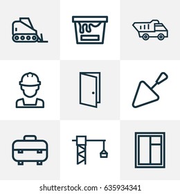 Architecture Outline Icons Set. Collection Of Toolbox, Color Can, Trowel And Other Elements. Also Includes Symbols Such As Entrance, Door, Crane.